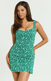 Madi Mini Dress - Scoop Neck Leg Split Dress in Green/White